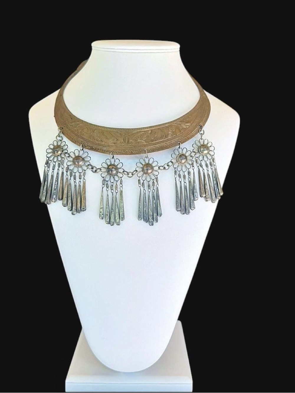 Vintage Hmong Miao Tribal Torque Collar Flower Fringe Bib Choker